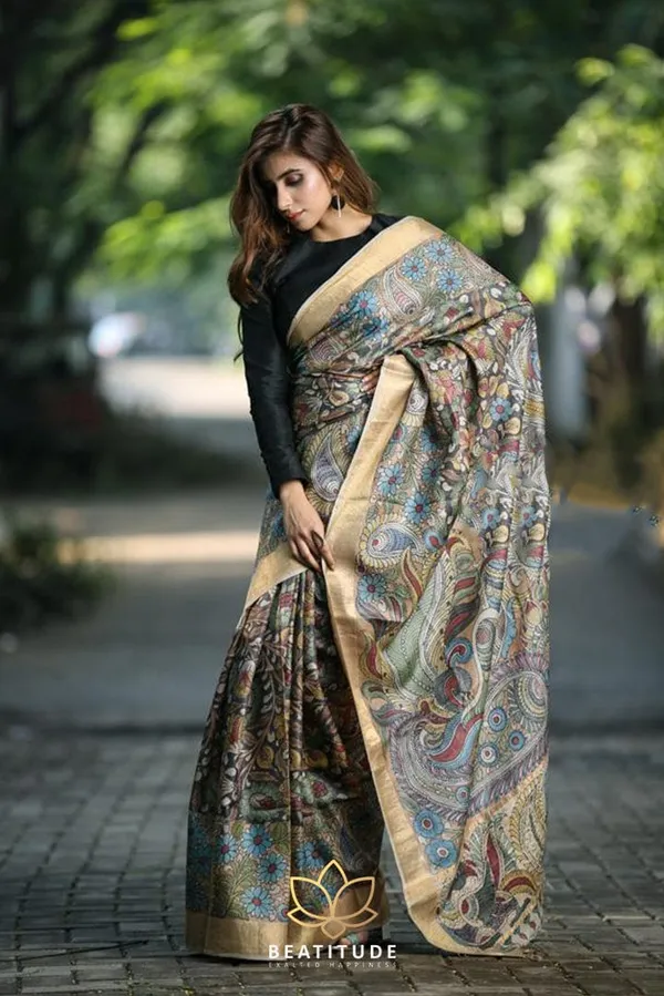 Multi Color Cotton Linen Saree With Unstitched Blouse Piece