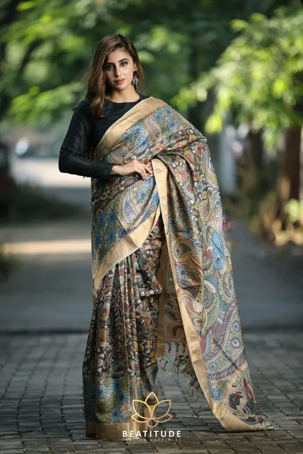 Multi Color Cotton Linen Saree With Unstitched Blouse Piece