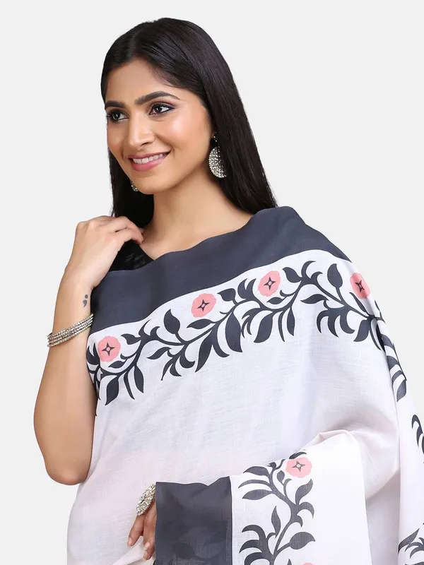 White Color Cotton Linen Saree With Unstitched Blouse Piece