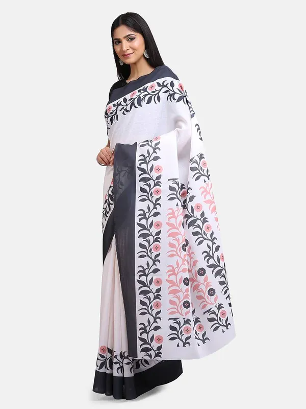 White Color Cotton Linen Saree With Unstitched Blouse Piece