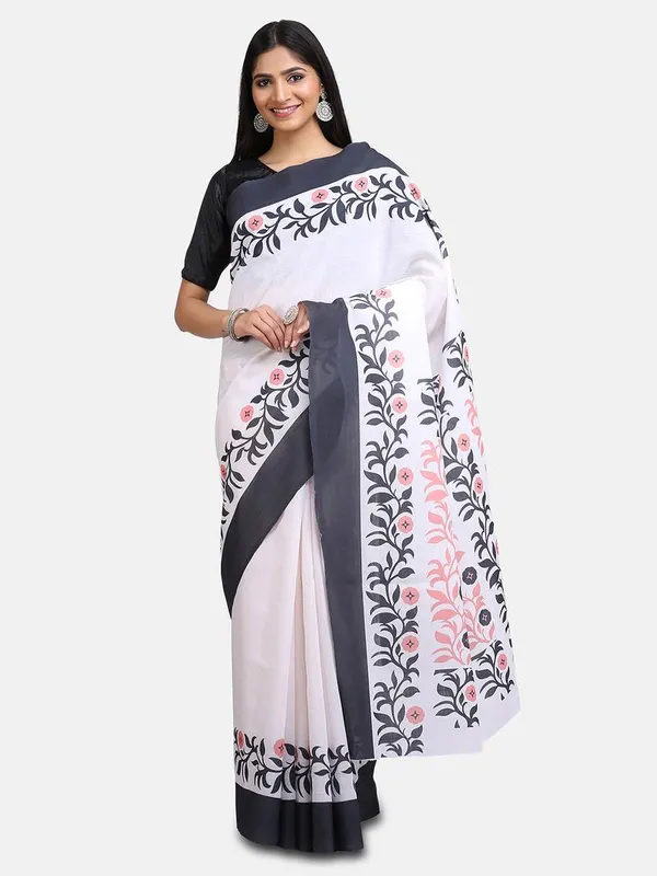 White Color Cotton Linen Saree With Unstitched Blouse Piece