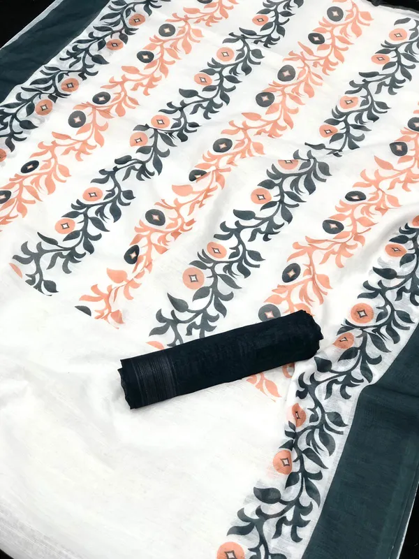 White Color Cotton Linen Saree With Unstitched Blouse Piece