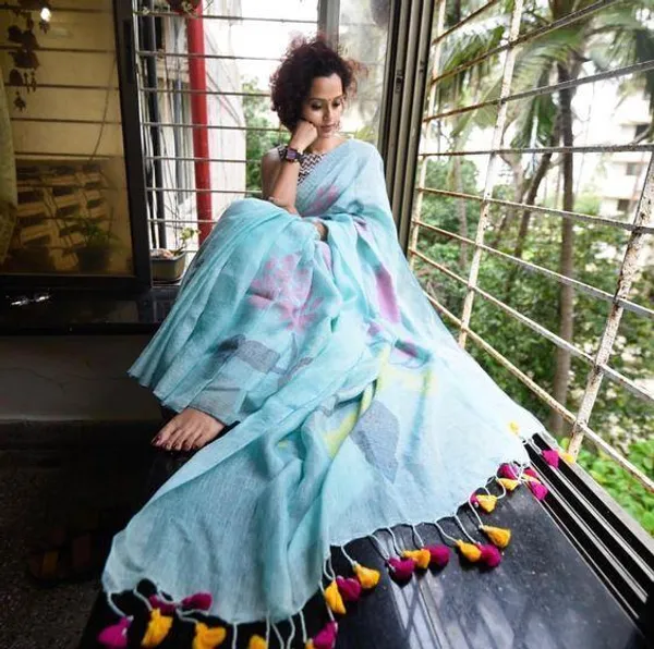 Sky Blue Color Cotton Linen Saree With Unstitched Blouse Piece