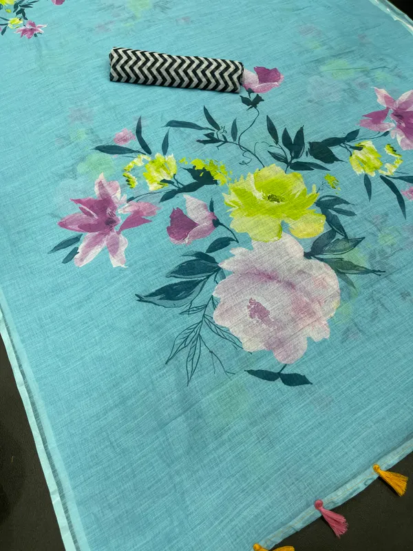 Sky Blue Color Cotton Linen Saree With Unstitched Blouse Piece