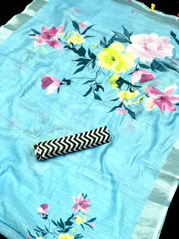 Sky Blue Color Cotton Linen Saree With Unstitched Blouse Piece