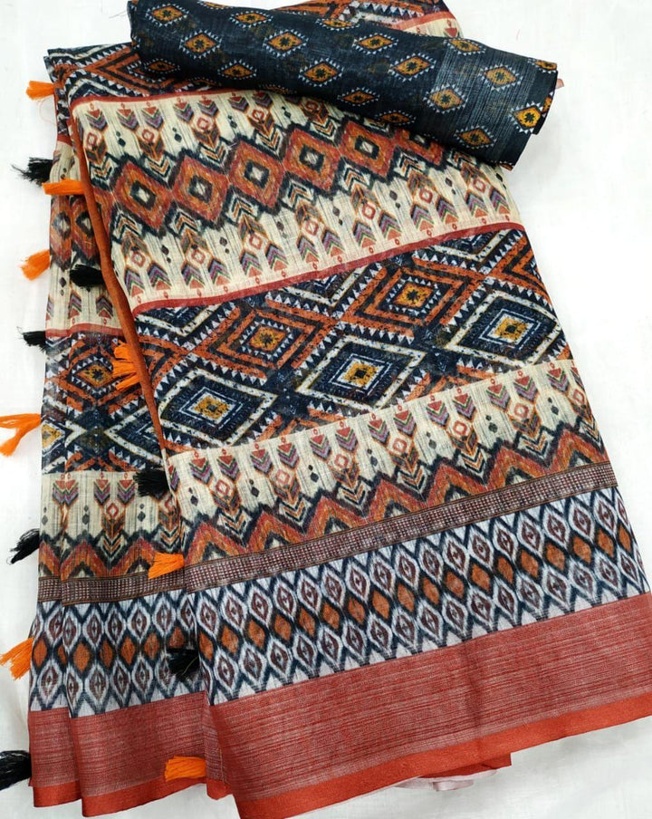 Multi Color Cotton Linen Saree With Unstitched Blouse Piece