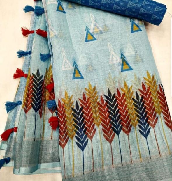Sky Blue Color Cotton Linen Saree With Unstitched Blouse Piece
