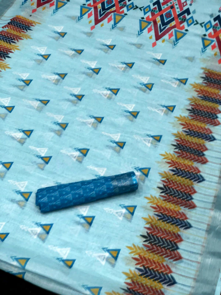 Sky Blue Color Cotton Linen Saree With Unstitched Blouse Piece