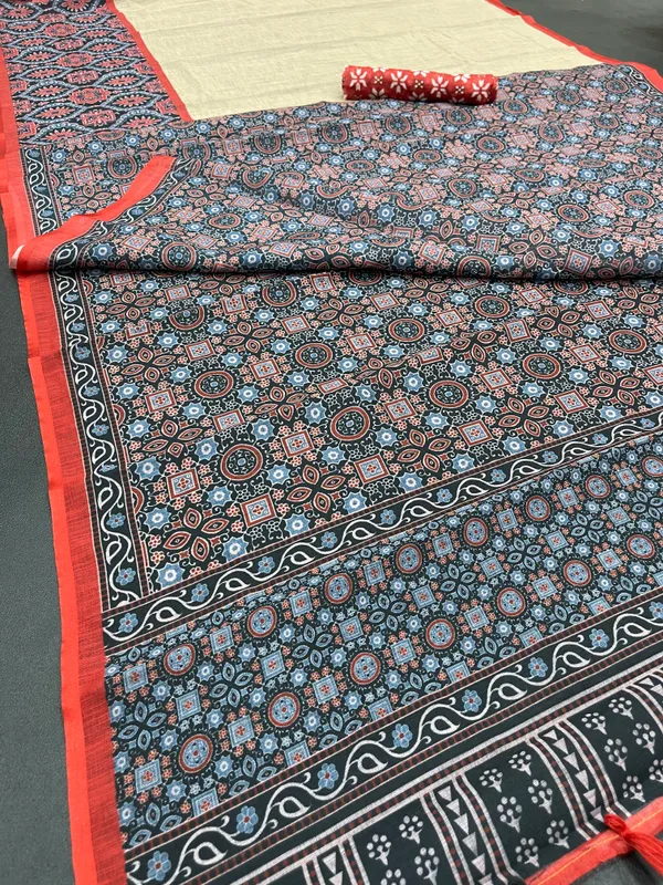 Cream Color Cotton Linen Saree With Unstitched Blouse Piece