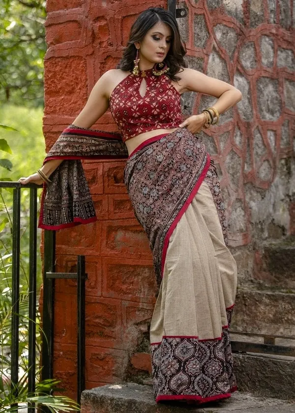 Cream Color Cotton Linen Saree With Unstitched Blouse Piece