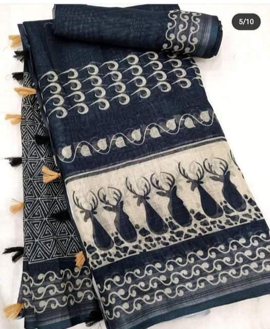 Black Color Cotton Linen Saree With Unstitched Blouse Piece