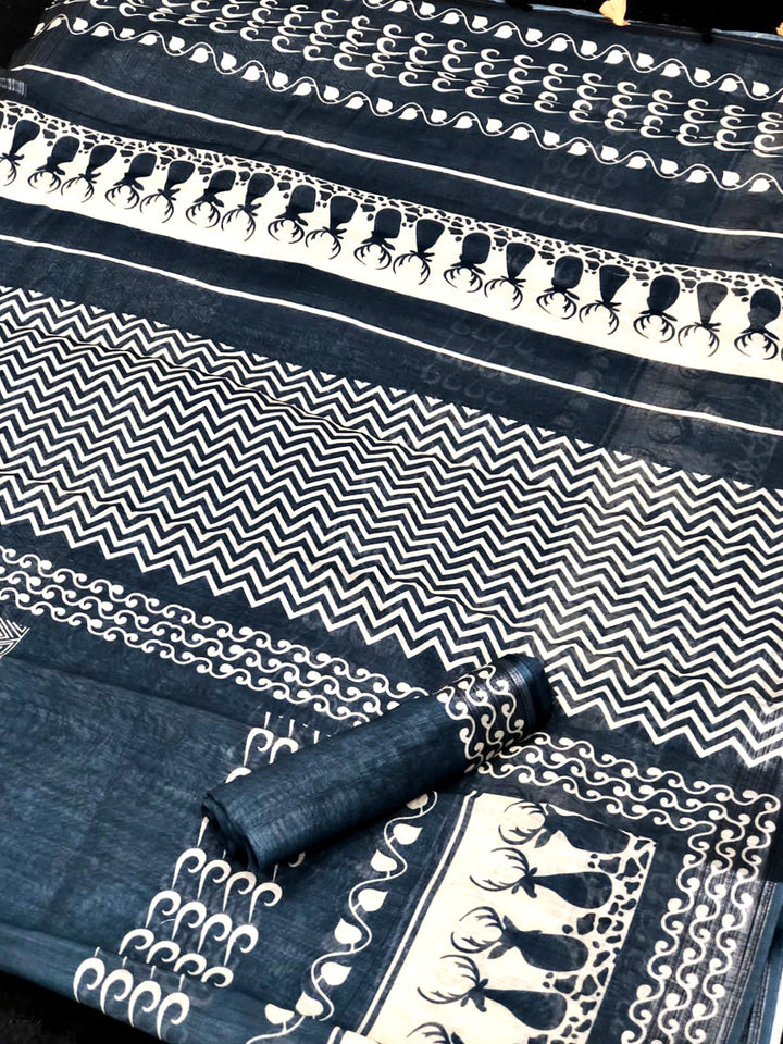Black Color Cotton Linen Saree With Unstitched Blouse Piece