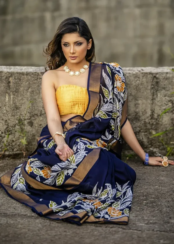 Navy Blue Color Cotton Linen Saree With Unstitched Blouse Piece