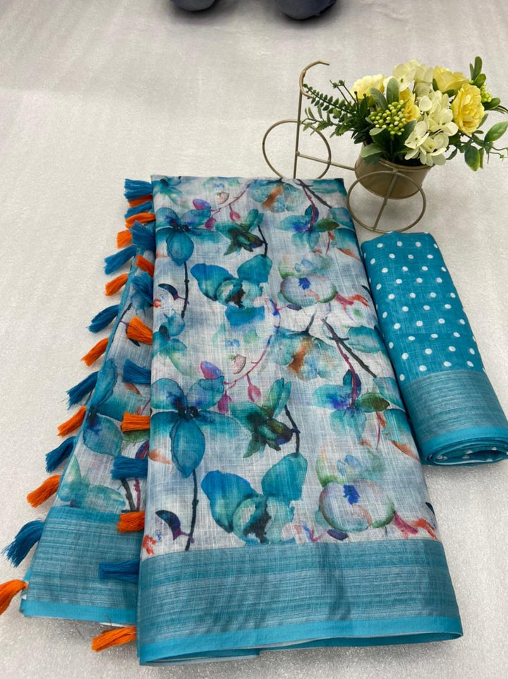 Sky Blue Color Cotton Linen Saree With Unstitched Blouse Piece