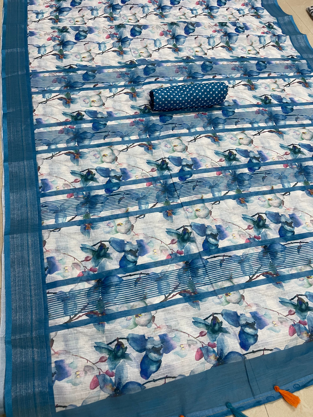Sky Blue Color Cotton Linen Saree With Unstitched Blouse Piece