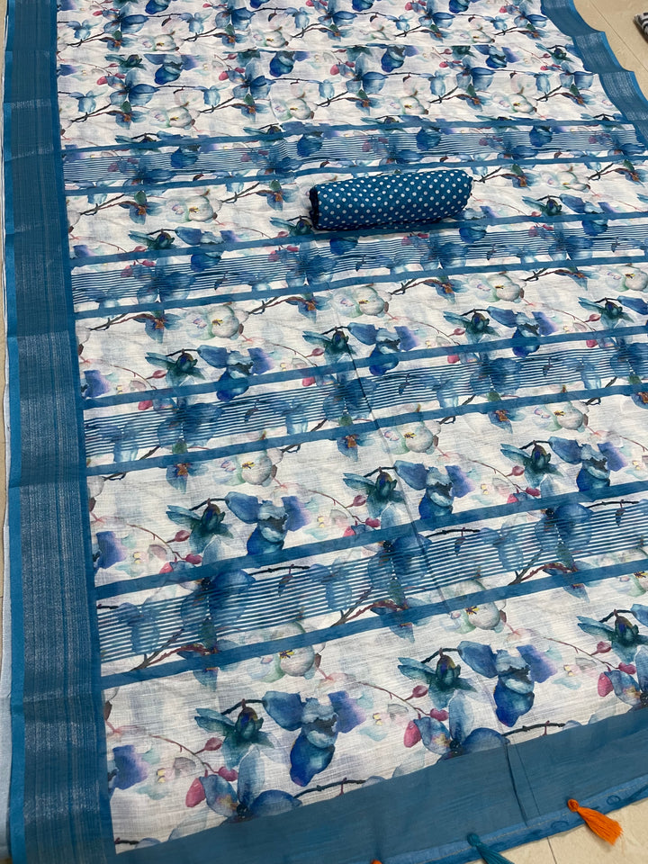 Sky Blue Color Cotton Linen Saree With Unstitched Blouse Piece