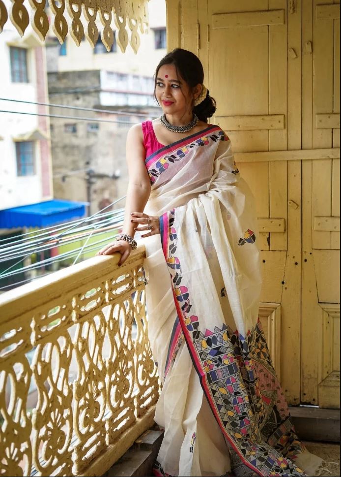 White Color Cotton Linen Saree With Unstitched Blouse Piece