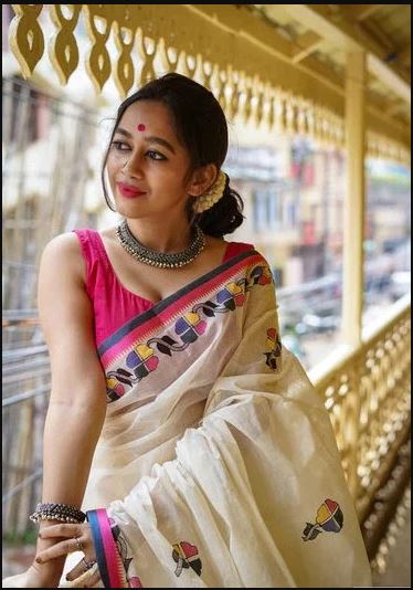 White Color Cotton Linen Saree With Unstitched Blouse Piece
