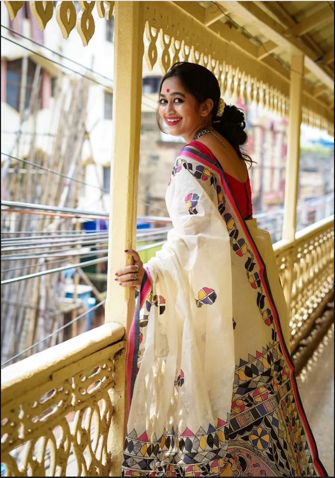 White Color Cotton Linen Saree With Unstitched Blouse Piece