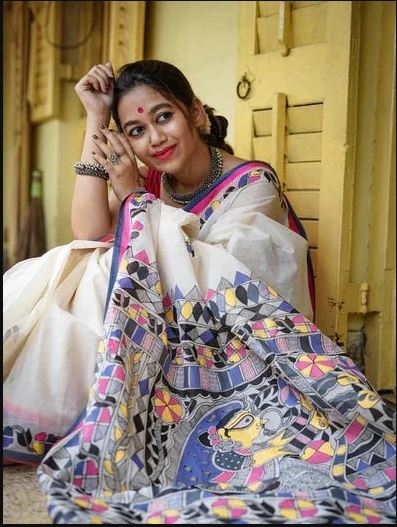 White Color Cotton Linen Saree With Unstitched Blouse Piece