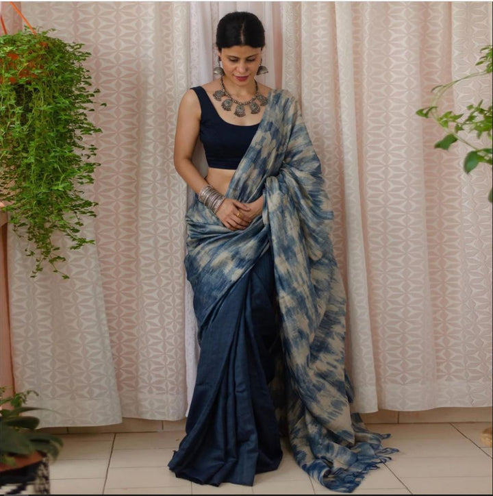 Navy Blue Color Cotton Linen Saree With Unstitched Blouse Piece
