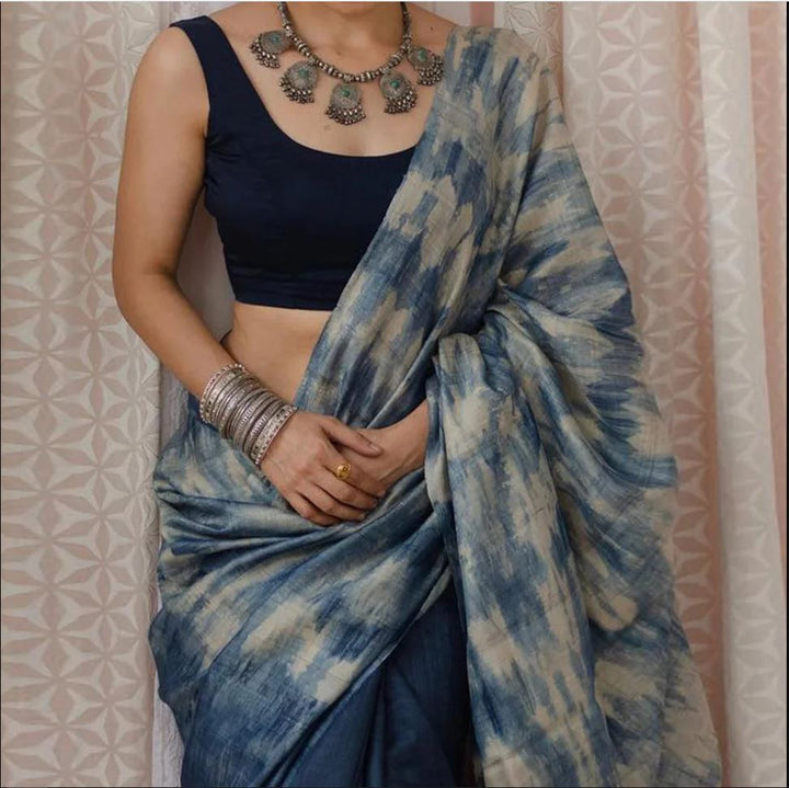 Navy Blue Color Cotton Linen Saree With Unstitched Blouse Piece