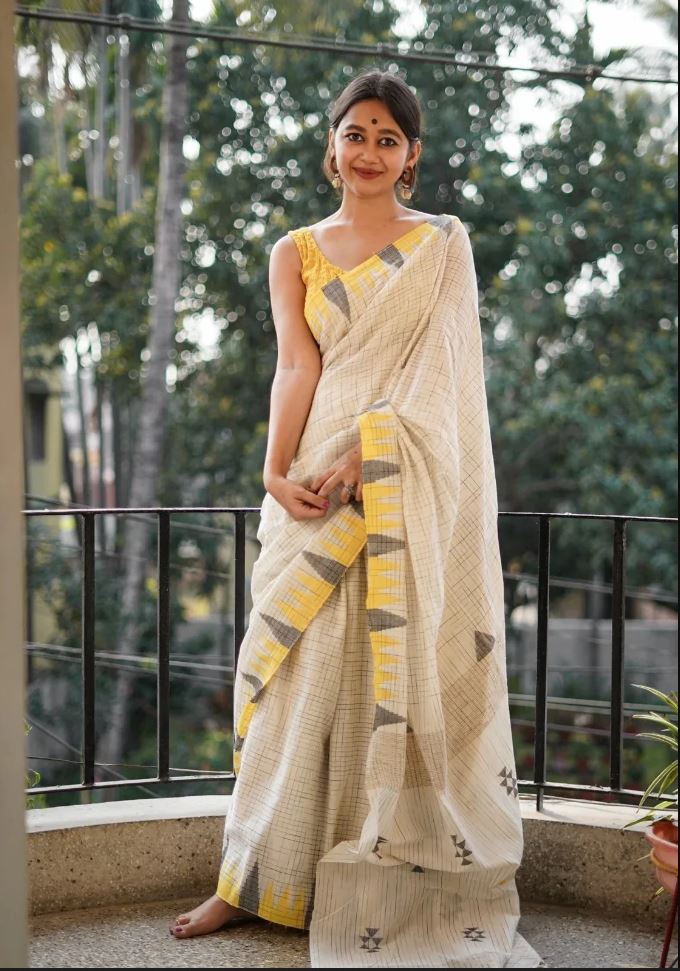 Off-White Color Cotton Linen Saree With Unstitched Blouse Piece