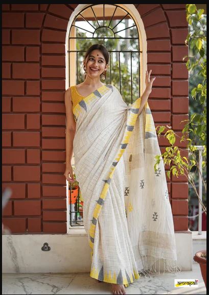 Off-White Color Cotton Linen Saree With Unstitched Blouse Piece