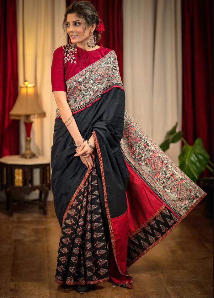 Black Color Cotton Linen Saree With Unstitched Blouse Piece