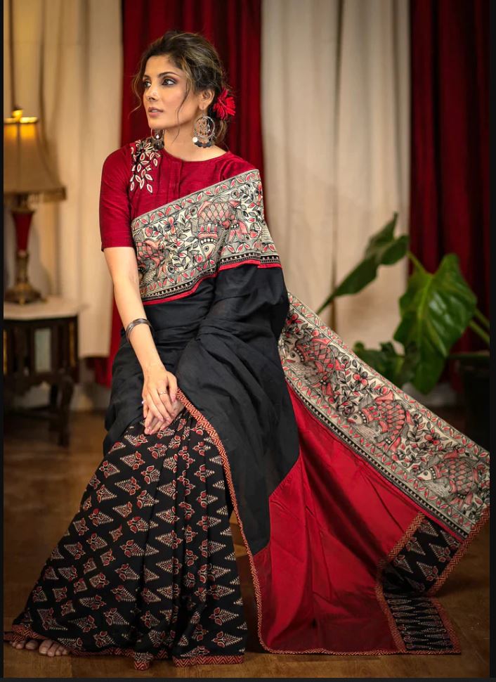 Black Color Cotton Linen Saree With Unstitched Blouse Piece