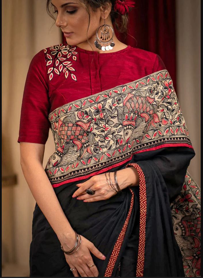 Black Color Cotton Linen Saree With Unstitched Blouse Piece