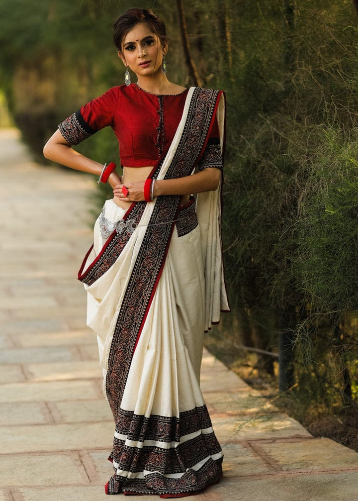 Off-White Color Cotton Linen Saree With Unstitched Blouse Piece