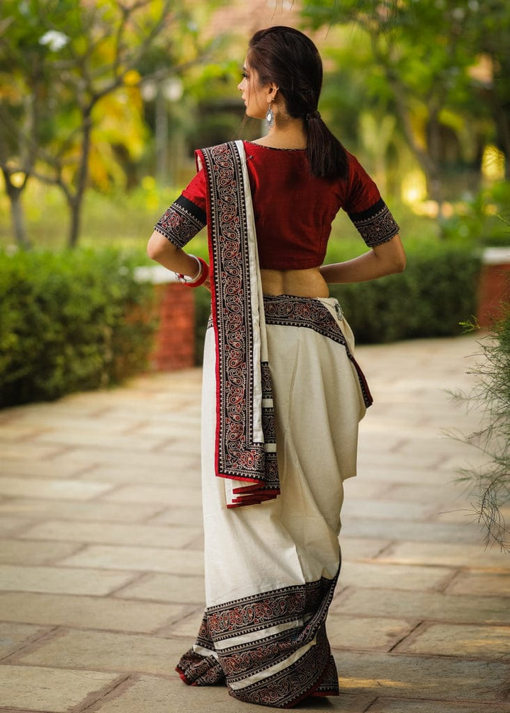 Off-White Color Cotton Linen Saree With Unstitched Blouse Piece