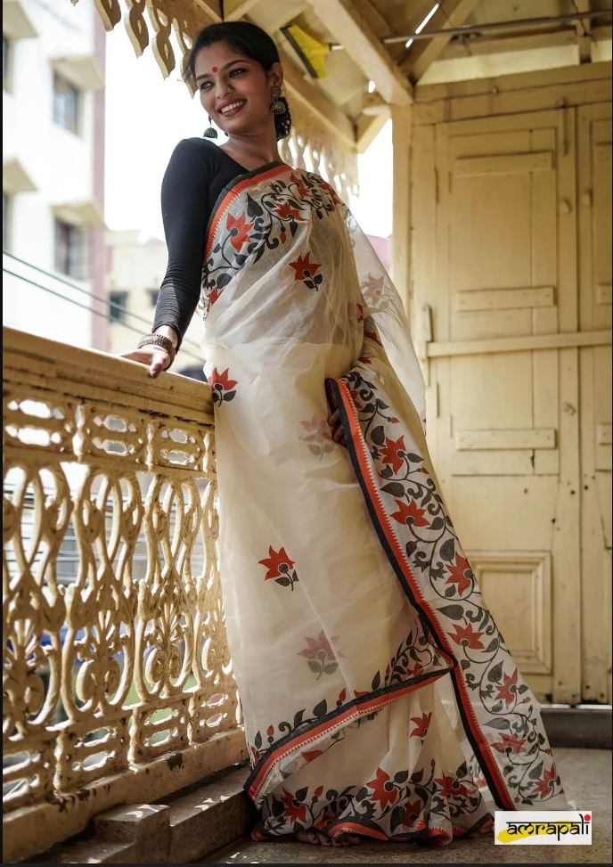 White Color Cotton Linen Saree With Unstitched Blouse Piece