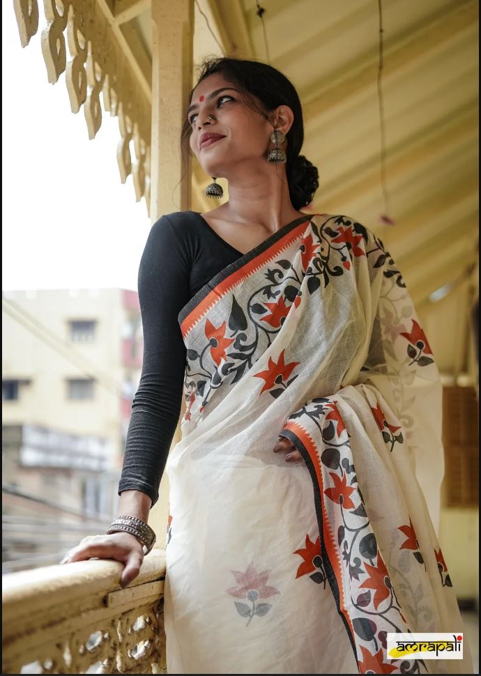 White Color Cotton Linen Saree With Unstitched Blouse Piece