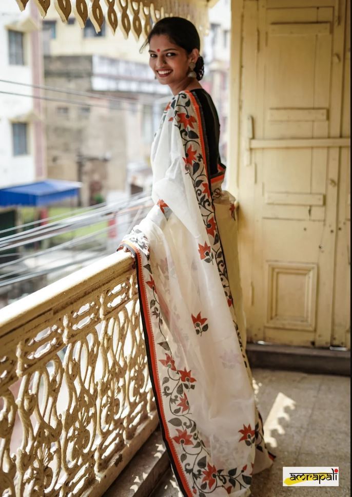 White Color Cotton Linen Saree With Unstitched Blouse Piece