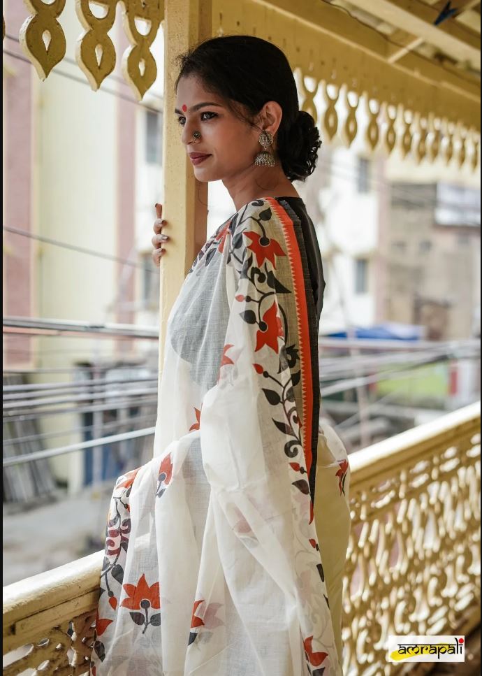 White Color Cotton Linen Saree With Unstitched Blouse Piece