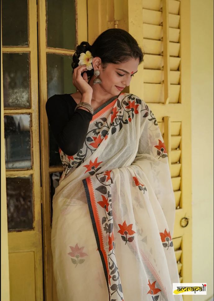 White Color Cotton Linen Saree With Unstitched Blouse Piece