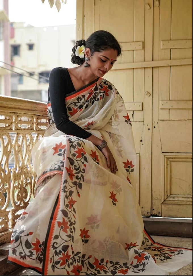 White Color Cotton Linen Saree With Unstitched Blouse Piece