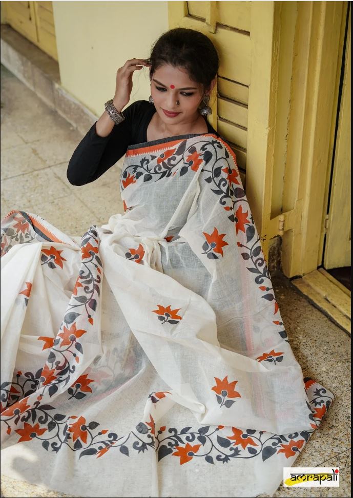 White Color Cotton Linen Saree With Unstitched Blouse Piece