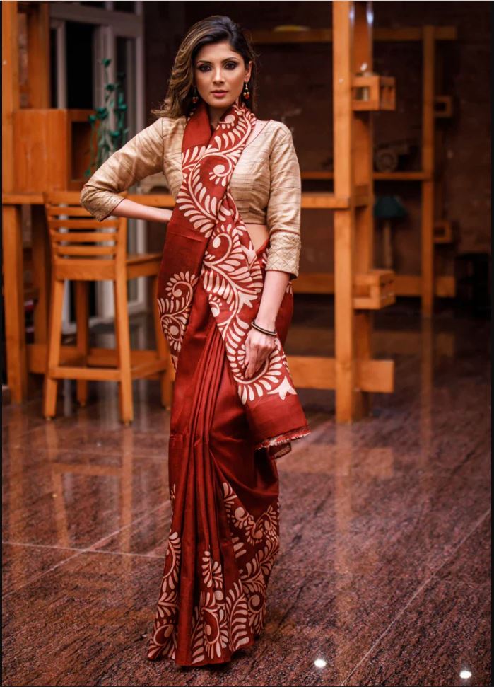 Maroon Color Cotton Linen Saree With Unstitched Blouse Piece
