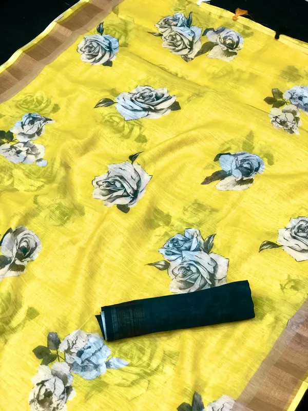 Yellow Color Cotton Linen Saree With Unstitched Blouse Piece