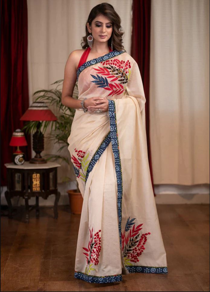 Off-White Color Cotton Linen Saree With Unstitched Blouse Piece