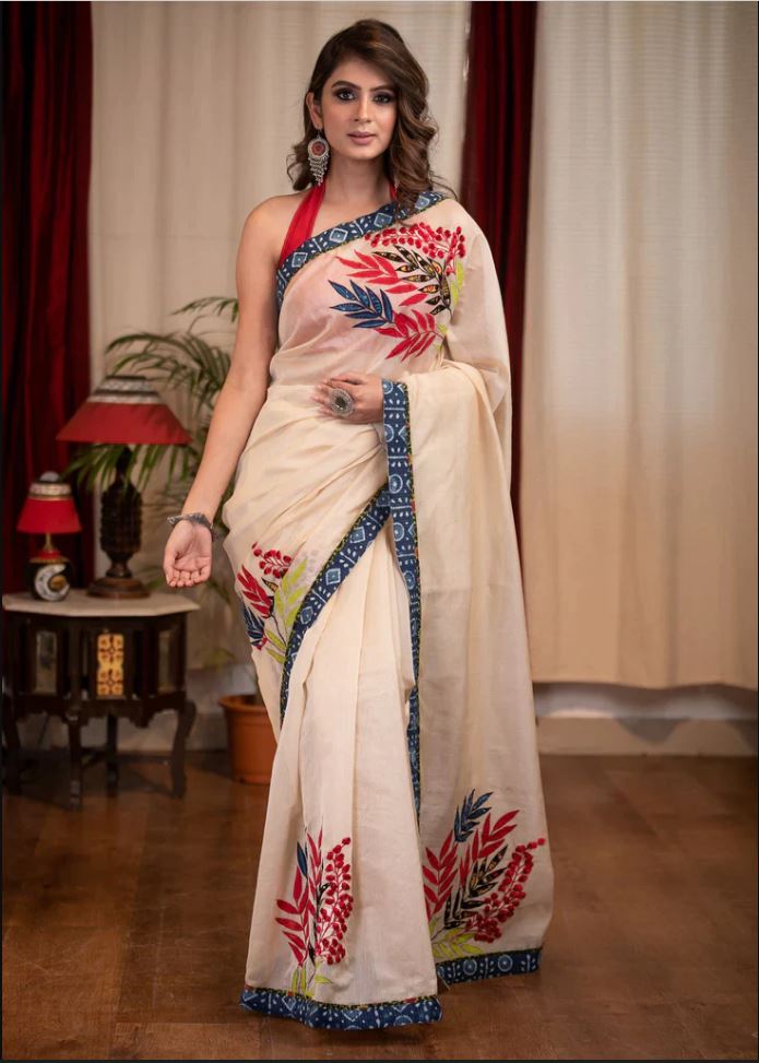 Off-White Color Cotton Linen Saree With Unstitched Blouse Piece