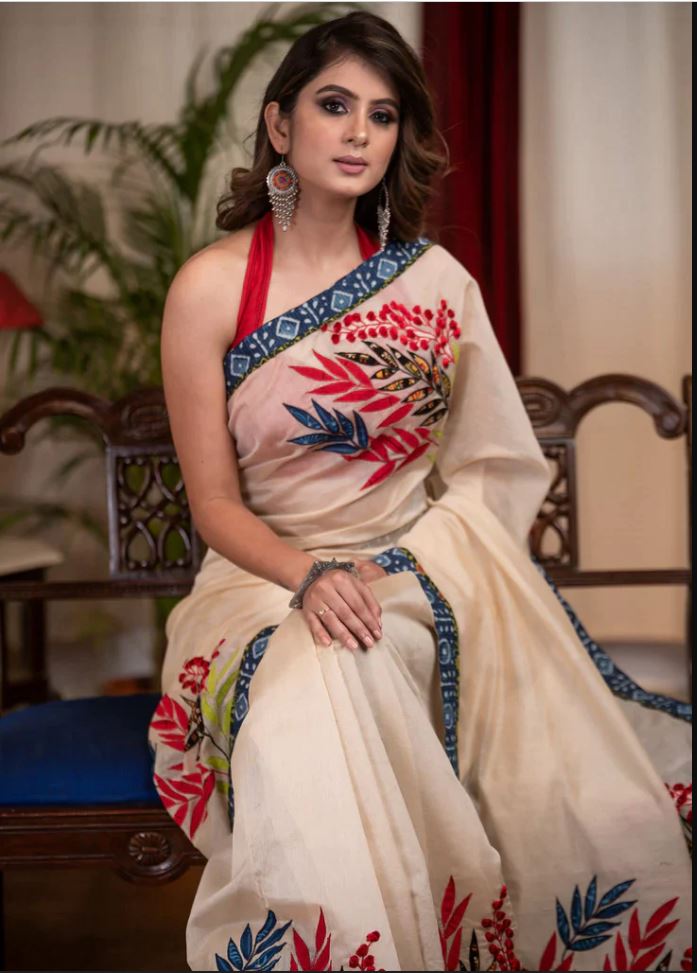 Off-White Color Cotton Linen Saree With Unstitched Blouse Piece