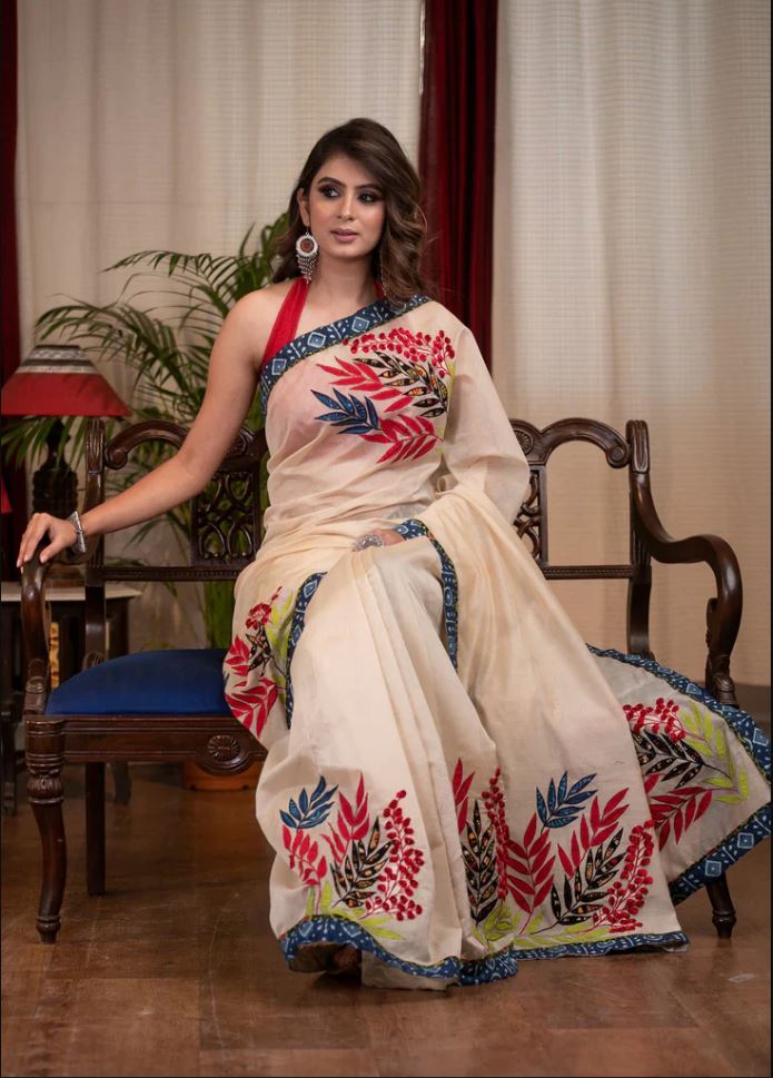 Off-White Color Cotton Linen Saree With Unstitched Blouse Piece