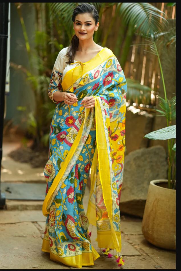 Blue and Yellow Color Cotton Linen Saree With Unstitched Blouse Piece