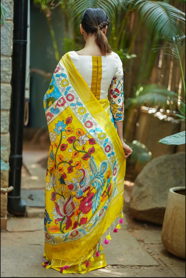 Blue and Yellow Color Cotton Linen Saree With Unstitched Blouse Piece