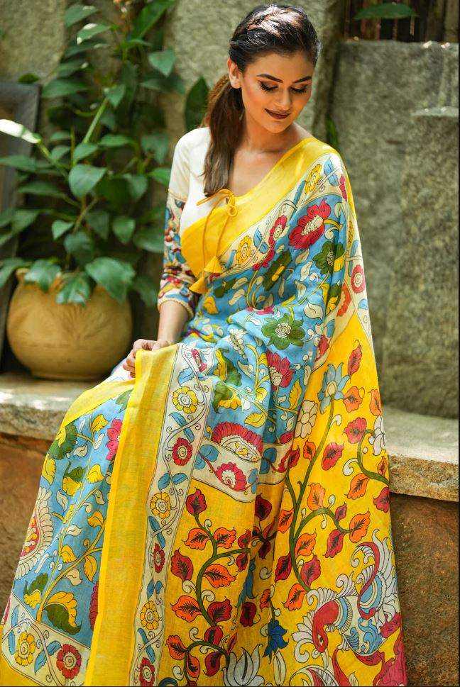 Blue and Yellow Color Cotton Linen Saree With Unstitched Blouse Piece