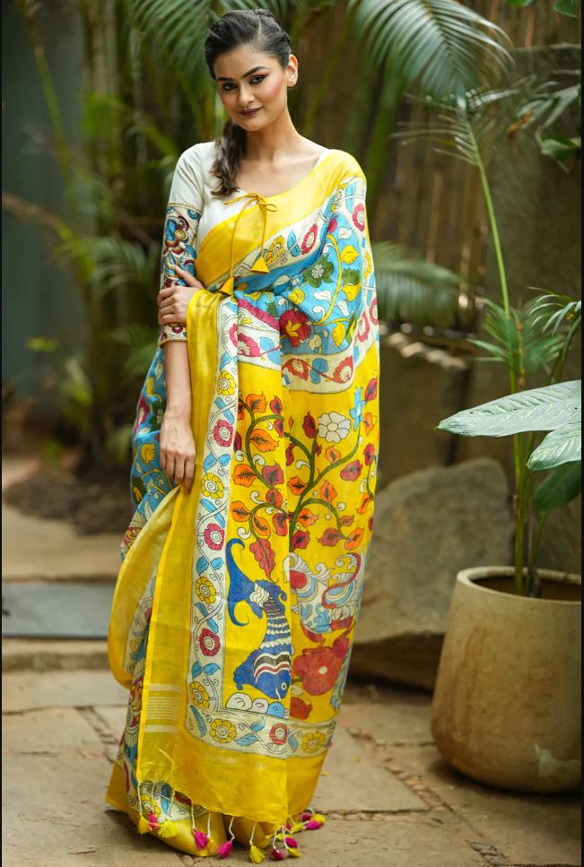 Blue and Yellow Color Cotton Linen Saree With Unstitched Blouse Piece